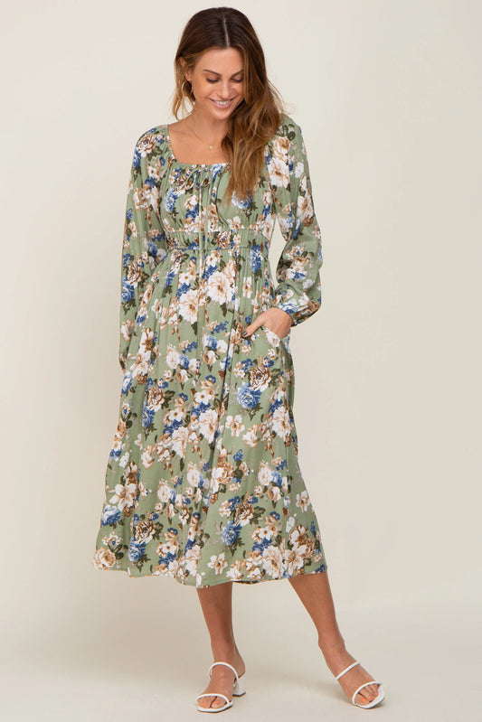Light Olive Floral Square Neck Midi Dress With Pockets PinkBlush