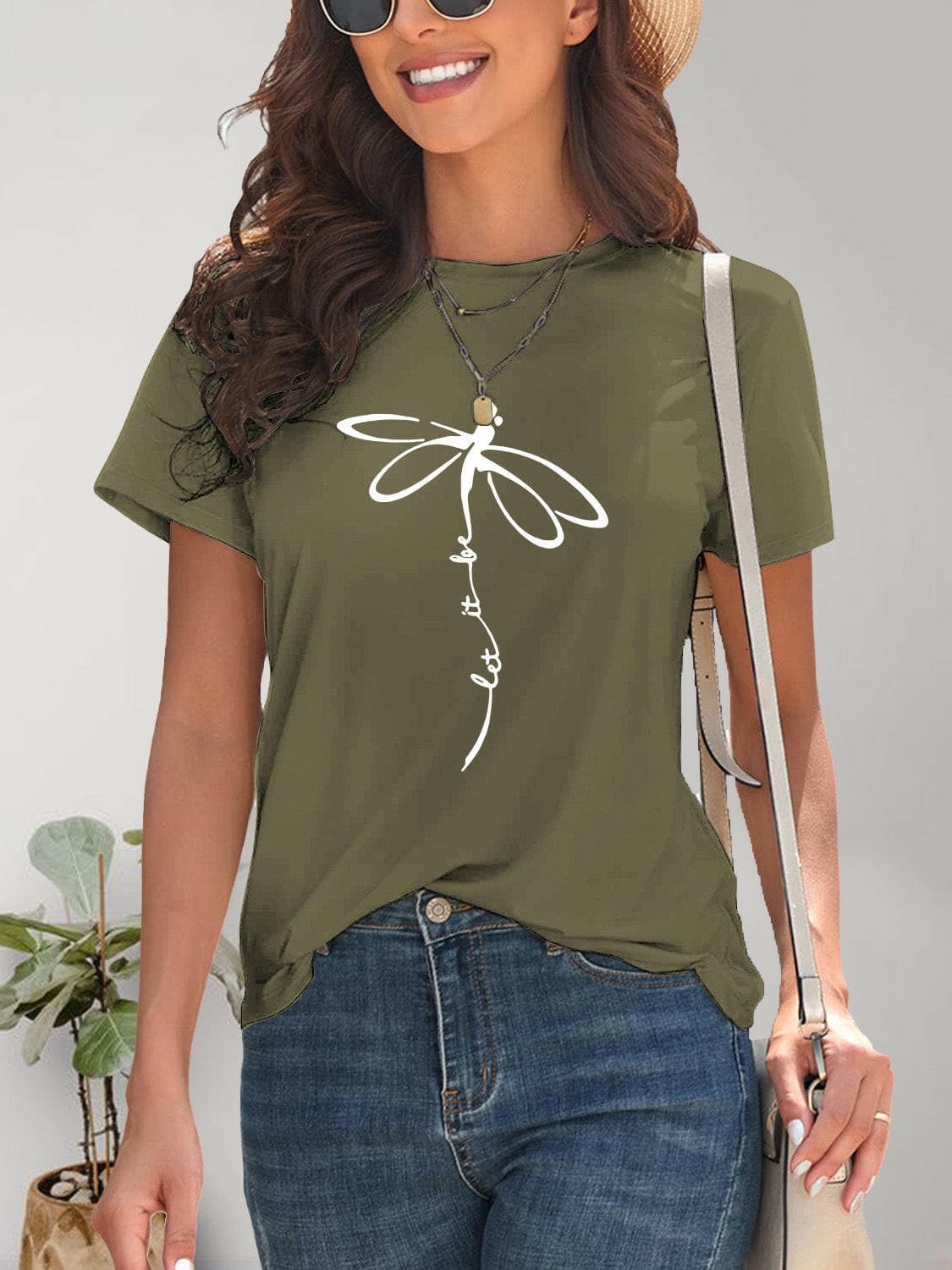 Dragonfly Graphic Round Neck Short Sleeve T-Shirt.