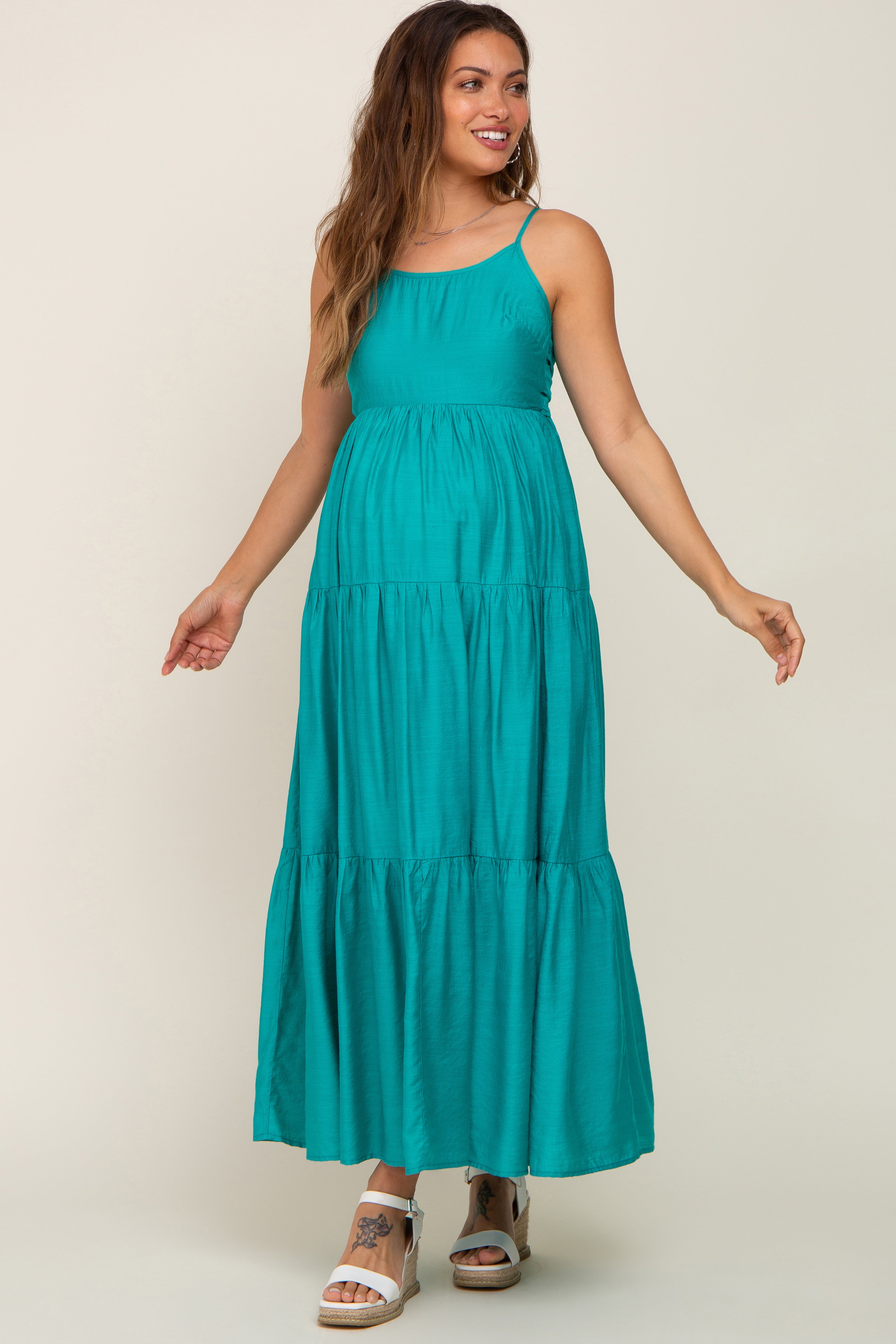 Green Tiered Maternity Maxi Dress PinkBlush