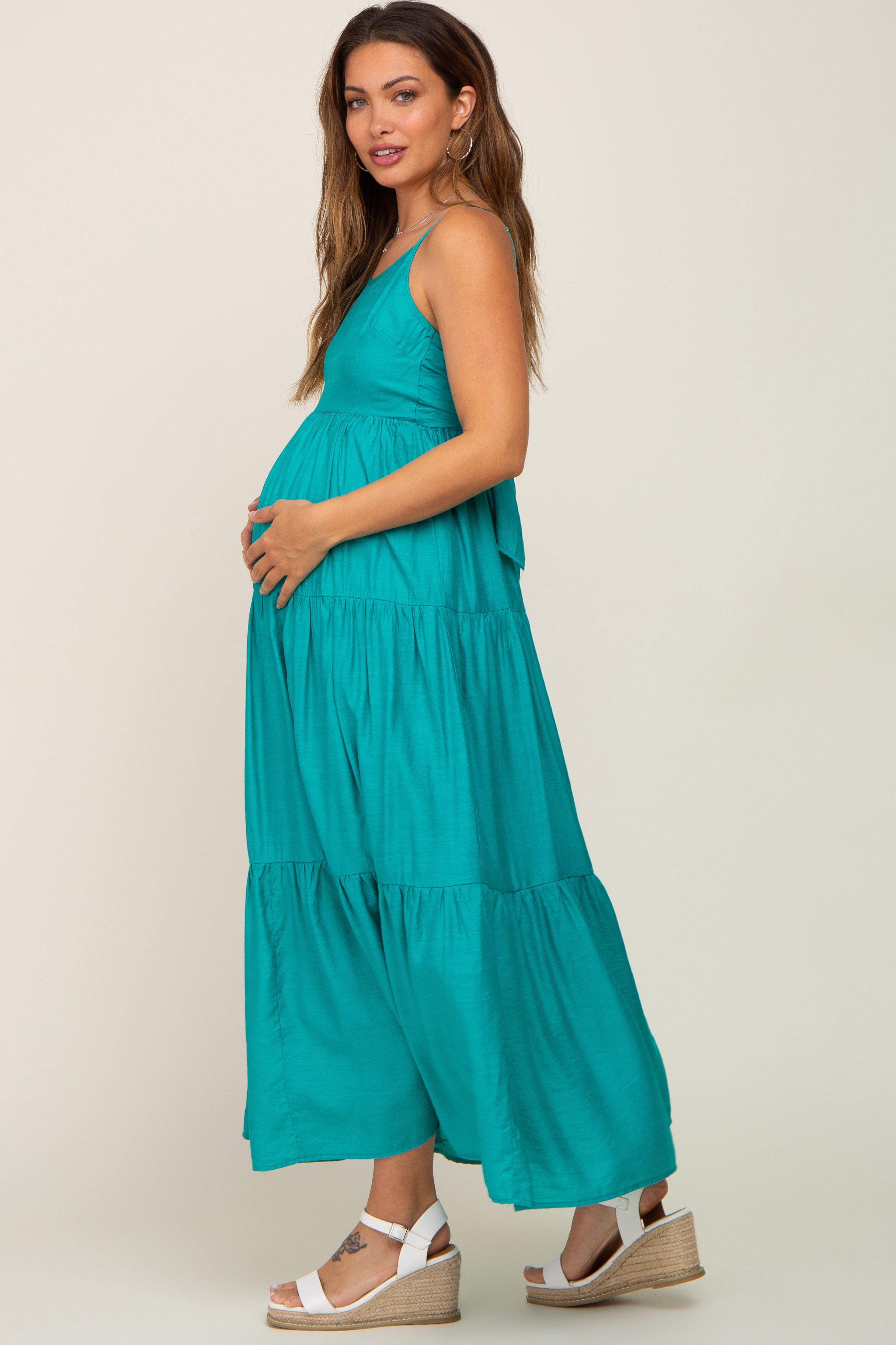Green Tiered Maternity Maxi Dress PinkBlush