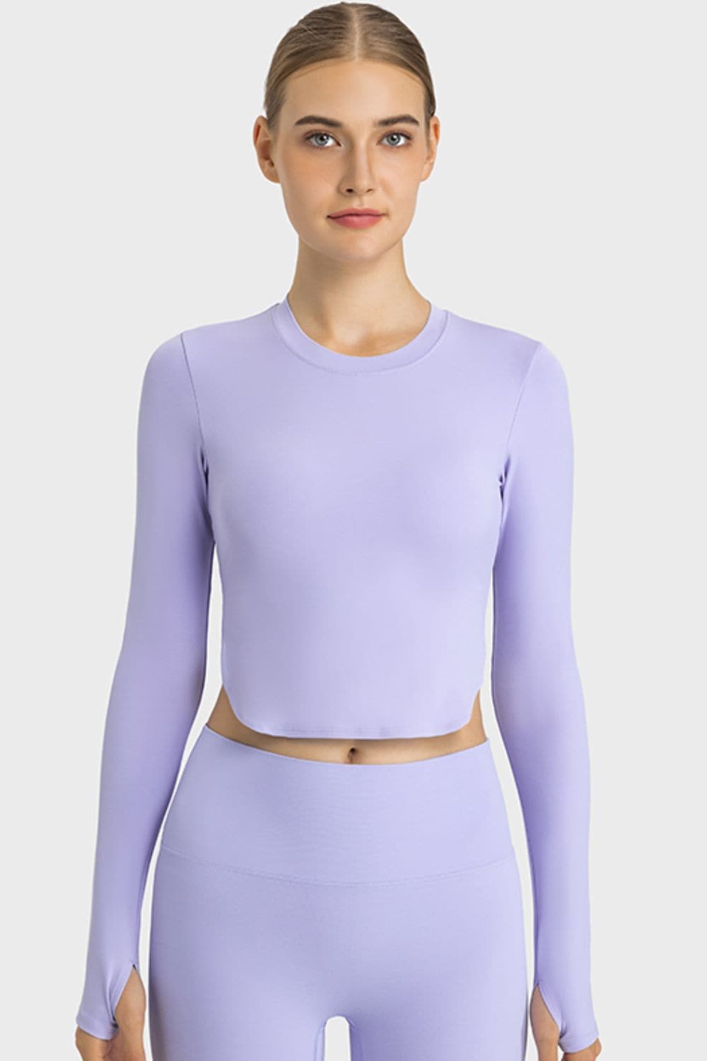 Side Slit Long Sleeve Round Neck Crop Top.