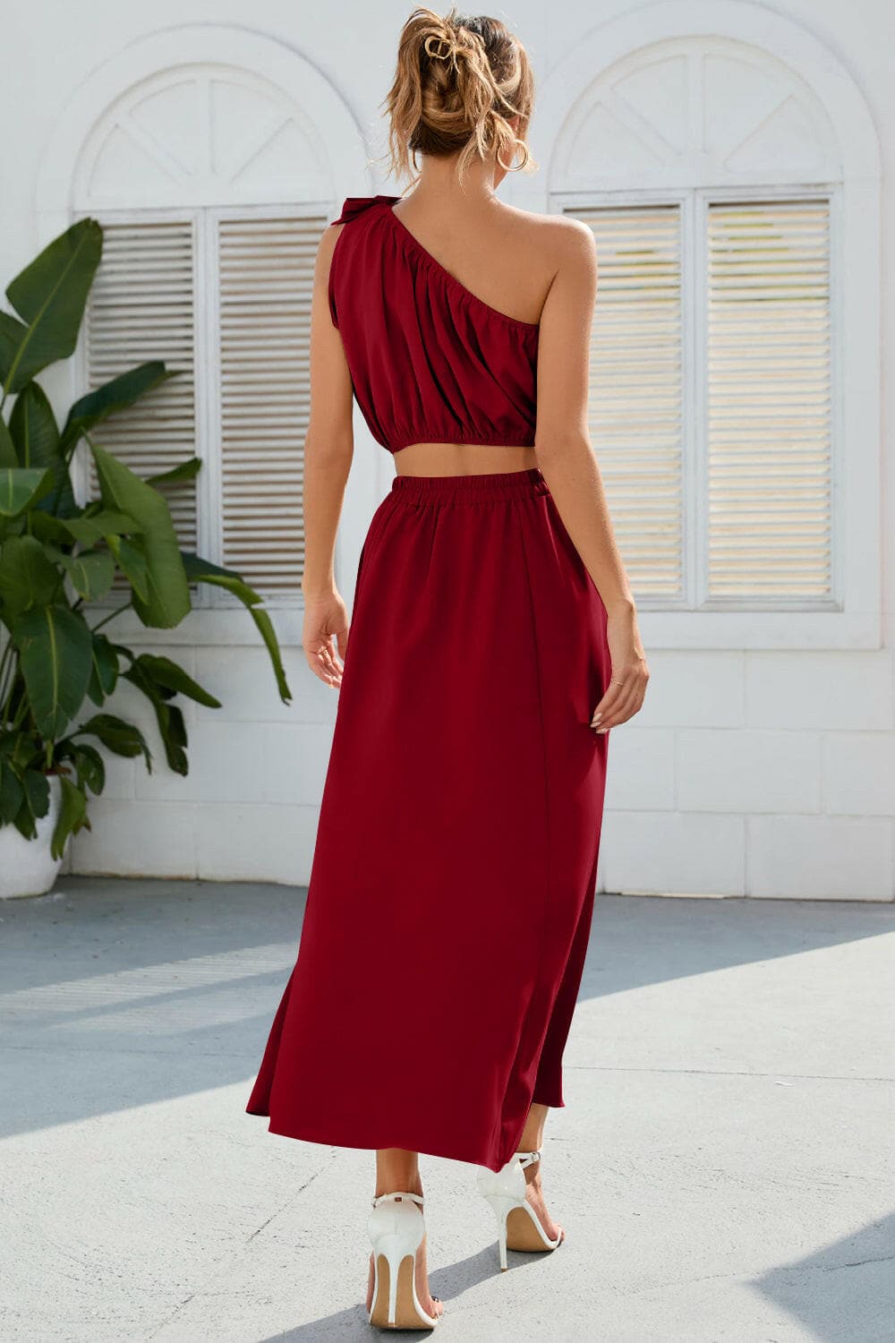 Ruched One Shoulder Top and Slit Skirt Set.