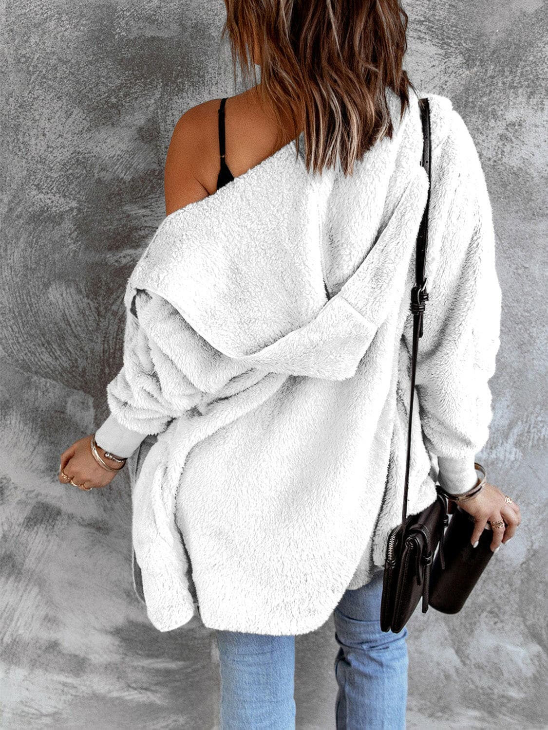 Open Front Hooded Faux Fur Outwear with Pockets.