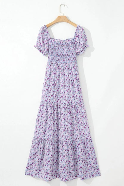 Tiered Floral Shirred High Waist Maxi Dress