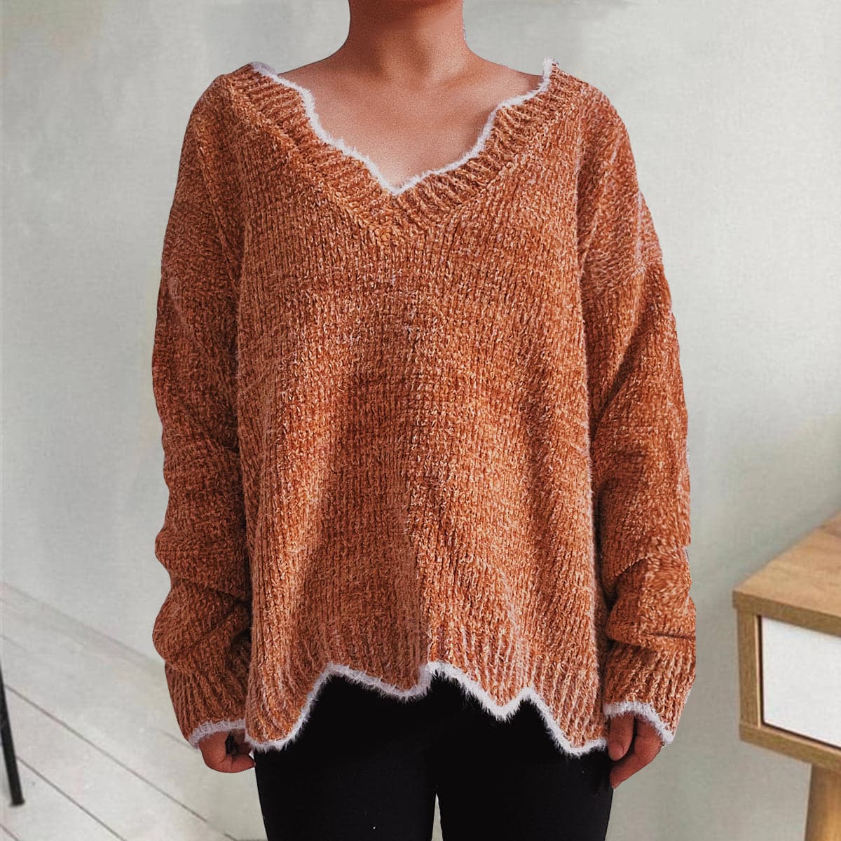 V-Neck Drop Shoulder Long Sleeve Sweater.