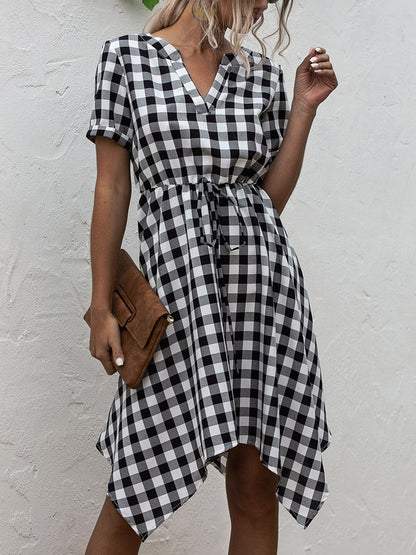 Plaid Notched Short Sleeve Dress.