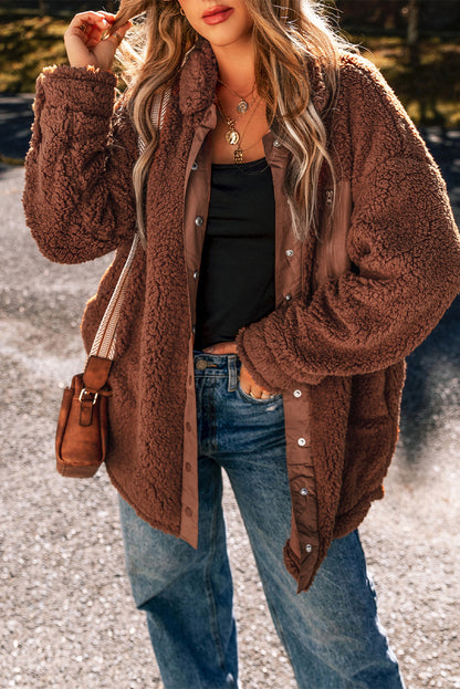 Cozy red clay teddy bear jacket with faux shearling charm