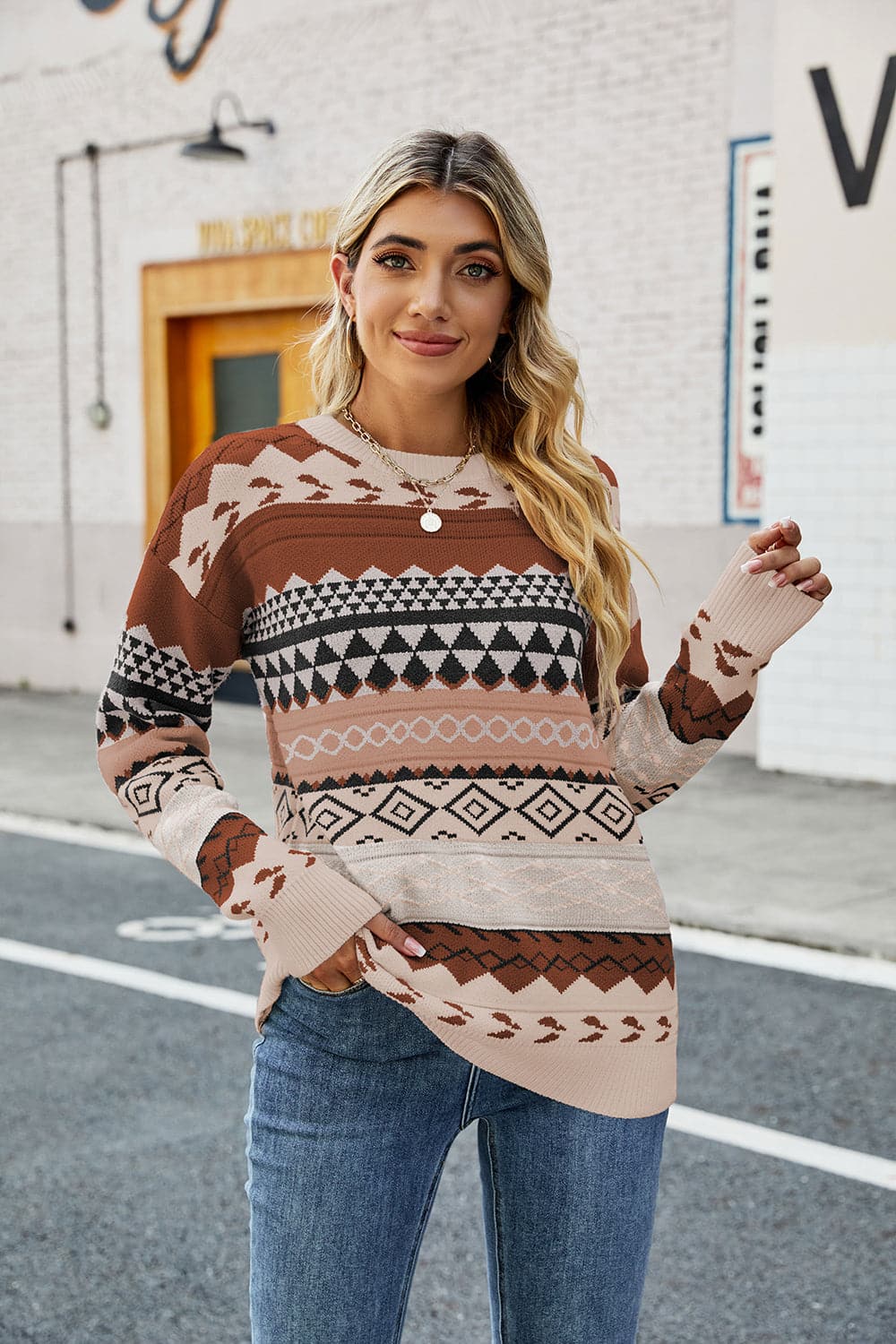 Round Neck Drop Shoulder Sweater.