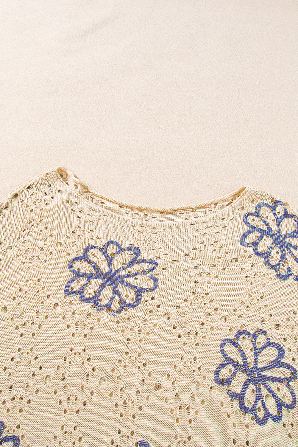 Beige floral eyelet drop shoulder sweater with contrast print