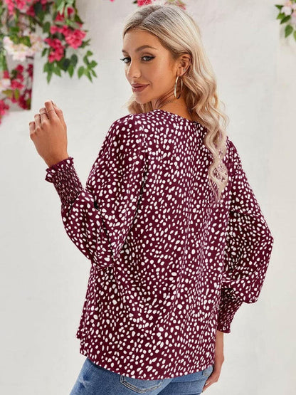 Printed V-Neck Lantern Sleeve Blouse.