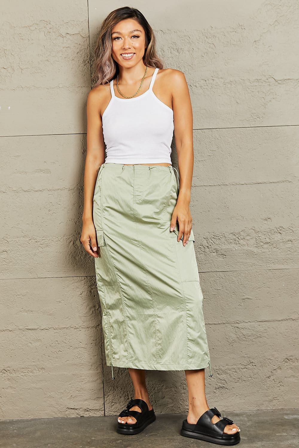 HYFVE Just In Time High Waisted Cargo Midi Skirt.