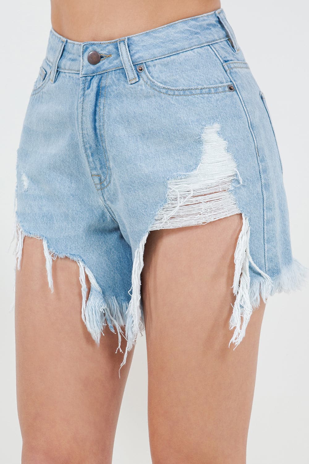 American Bazi High Waist Fringed Hem Denim Shorts.