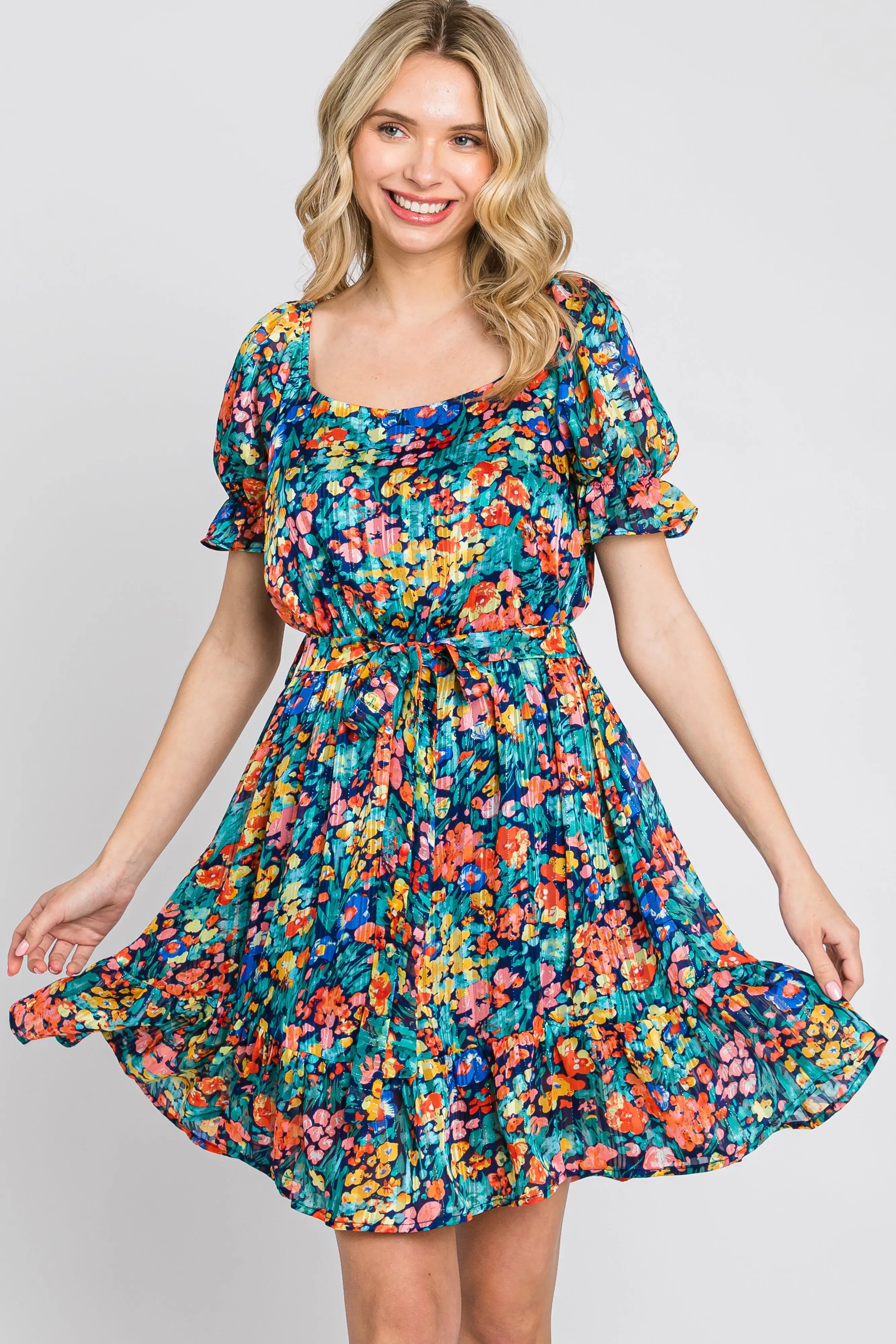 Navy Floral Chiffon Ruffle Accent Dress PinkBlush