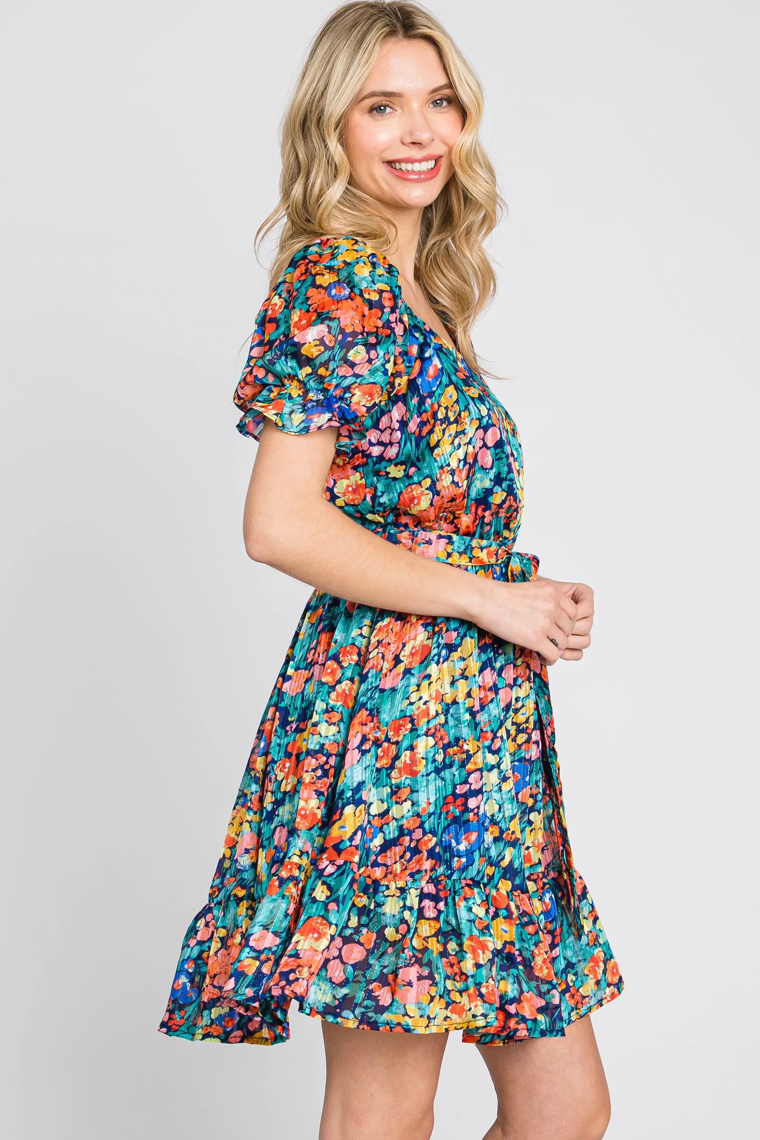 Navy Floral Chiffon Ruffle Accent Dress PinkBlush