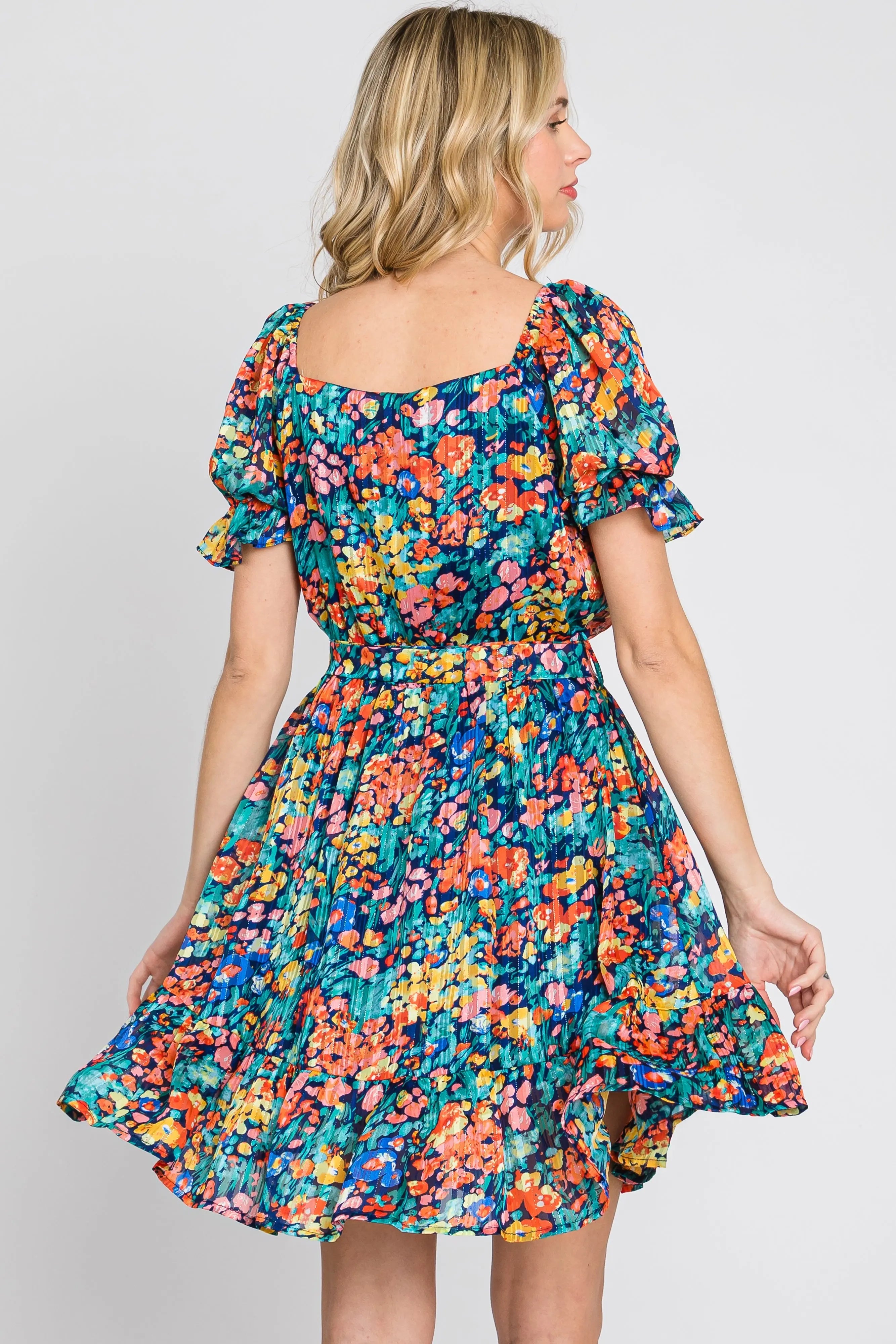 Navy Floral Chiffon Ruffle Accent Dress PinkBlush