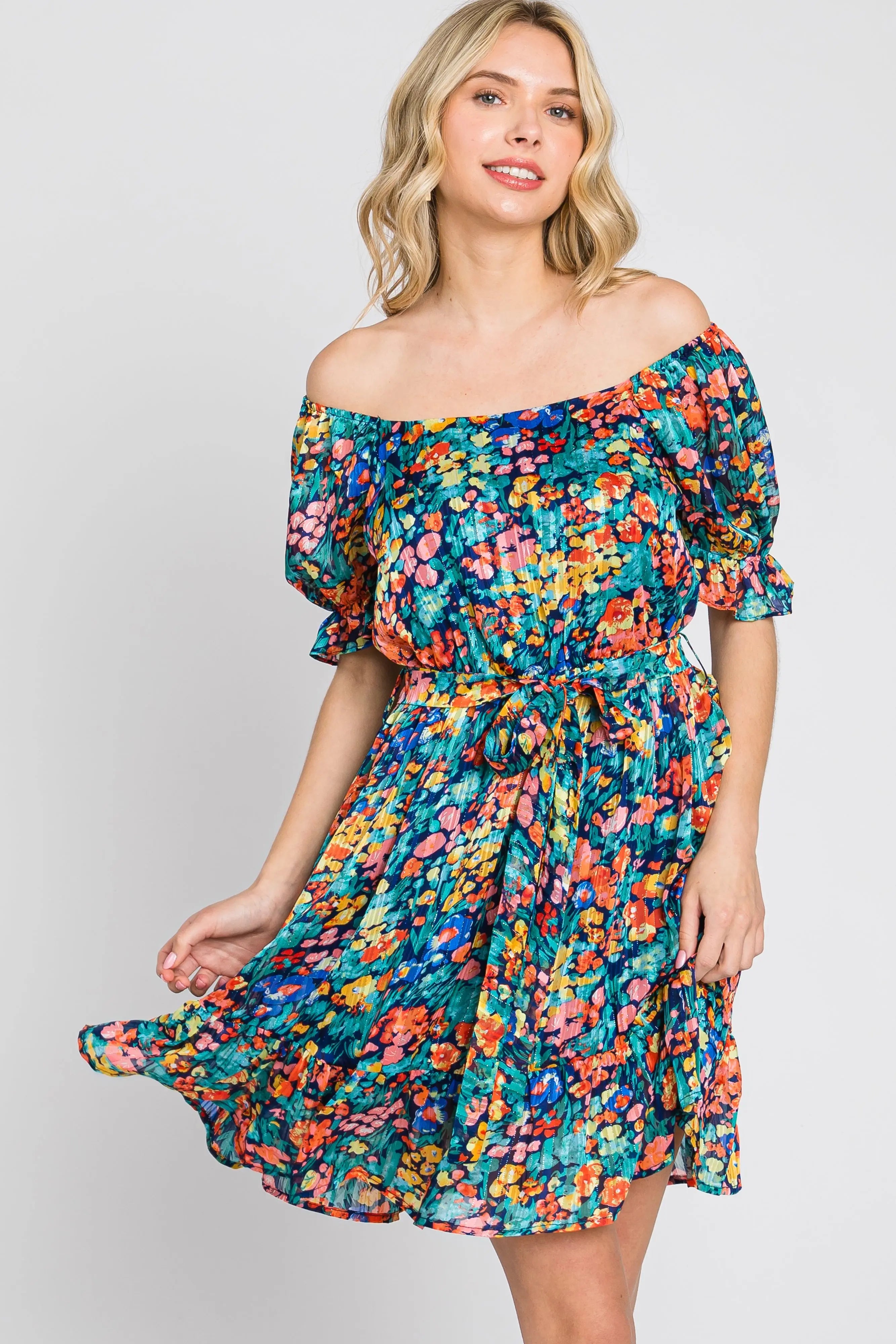 Navy Floral Chiffon Ruffle Accent Dress PinkBlush
