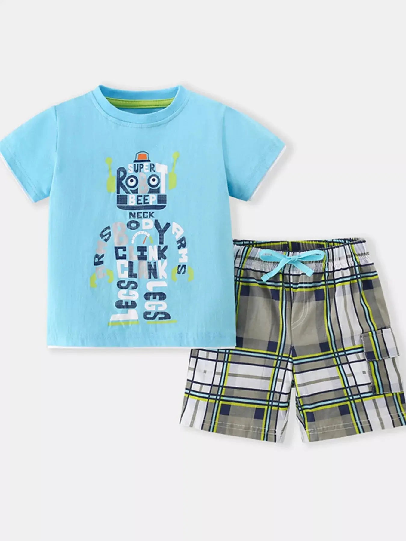 Children's Robot Short Sleeve T-Shirt & Plaid Shorts Set Simply Love