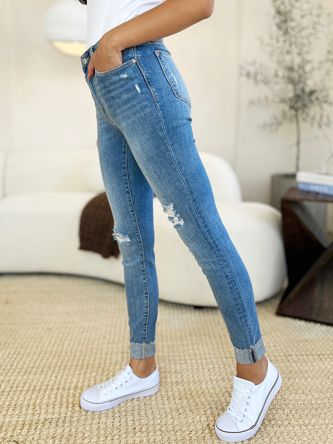 Judy Blue Full Size Mid Rise Destroy & Cuff Skinny Jeans Coco’s Tee Boutique