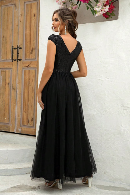 Sequin V-Neck Mesh Maxi Dress.