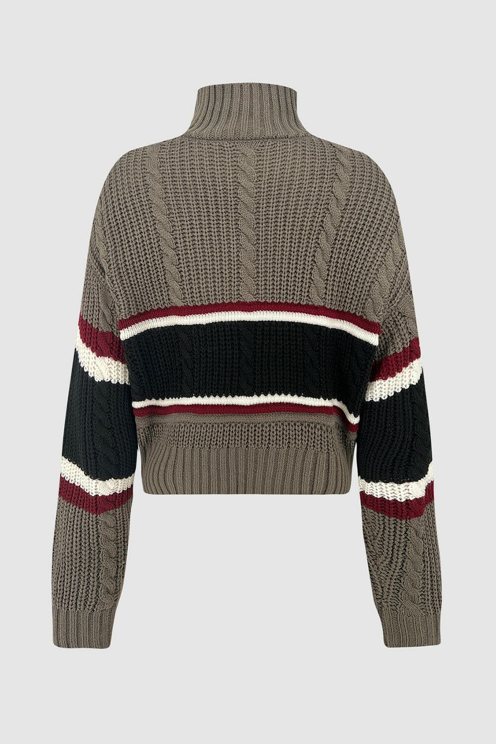 Cable-Knit Striped Quarter Zip Turtleneck Sweater.