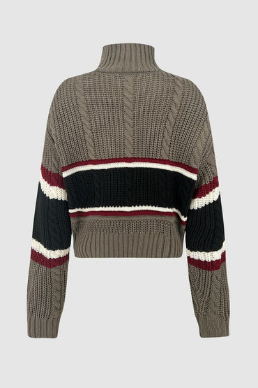 Cable-Knit Striped Quarter Zip Turtleneck Sweater.