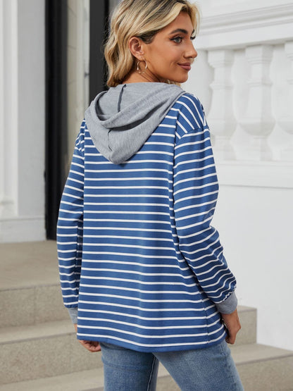 Drawstring Striped Long Sleeve Hoodie.