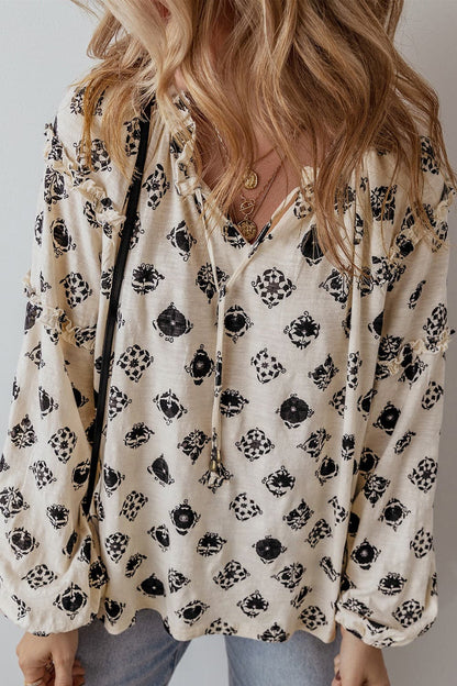 Frill Printed Tie Neck Long Sleeve Blouse.