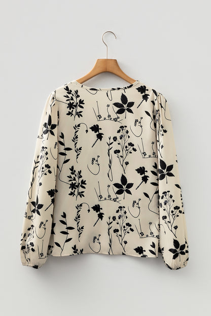 Premium Khaki Botanical Floral Print Split Neck Long Sleeve Blouse