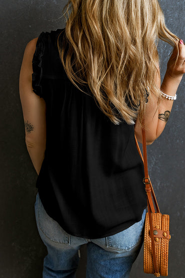 Chic black ruffled neck tank top with button detail