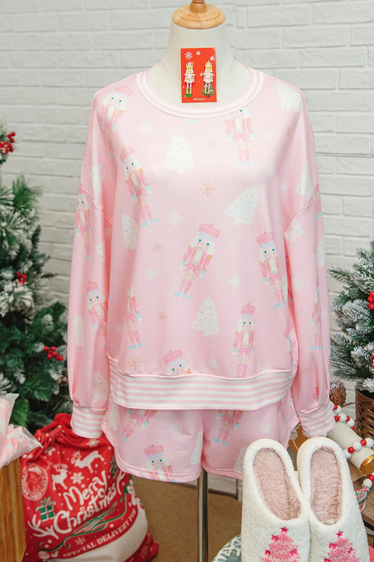 Pink Christmas Tree Nutcracker Doll Print Contrast Trim Sleeve Top Shorts Set Dear-Lover Dropshipping