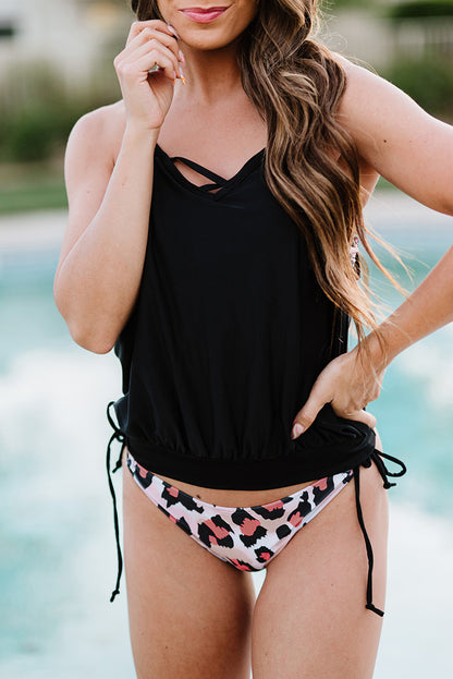 Chic leopard print tankini with striped accents