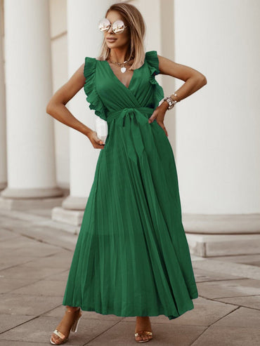 Tied Surplice Cap Sleeve Pleated Dress.