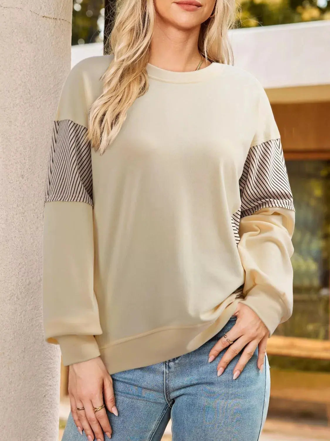 Color Block Striped Sleeve Casual Sweatshirt Simply Love