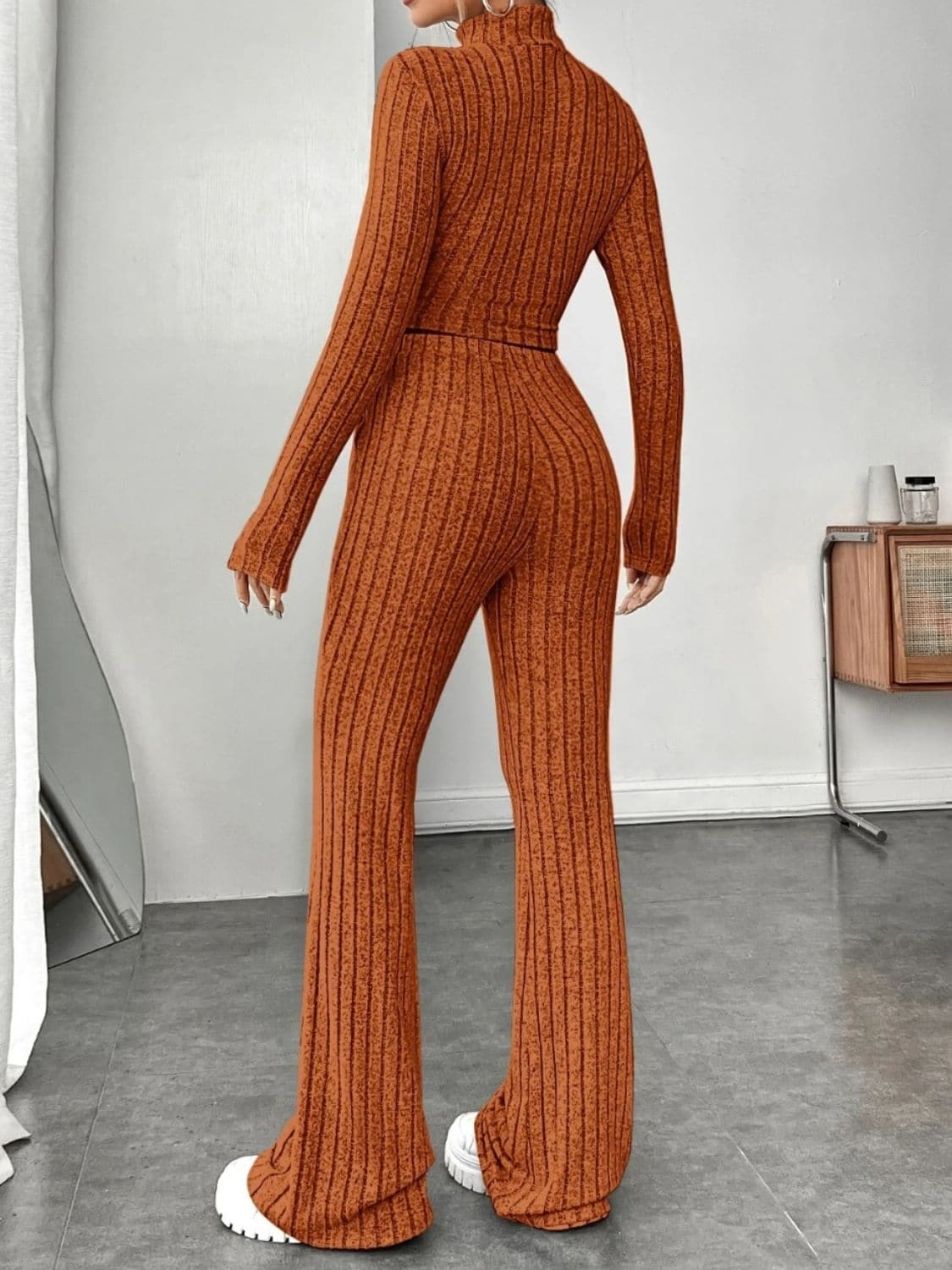 Ribbed Mock Neck Long Sleeve Top and Pants Set.