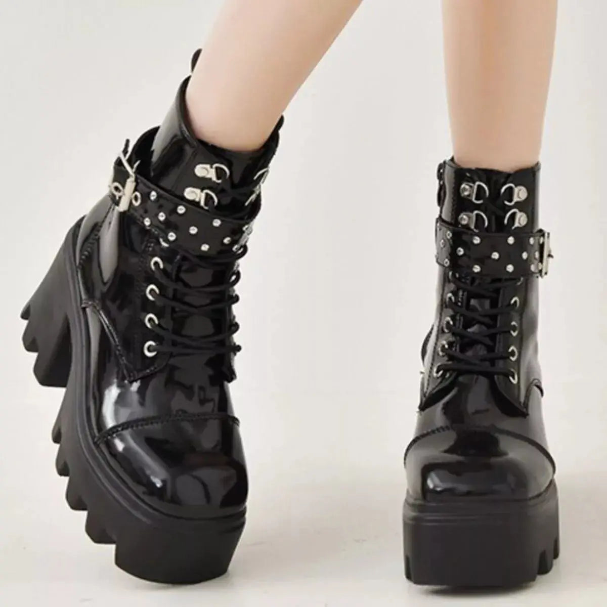 Platform Ankle Boots with Buckle and Studded Detail Simply Love