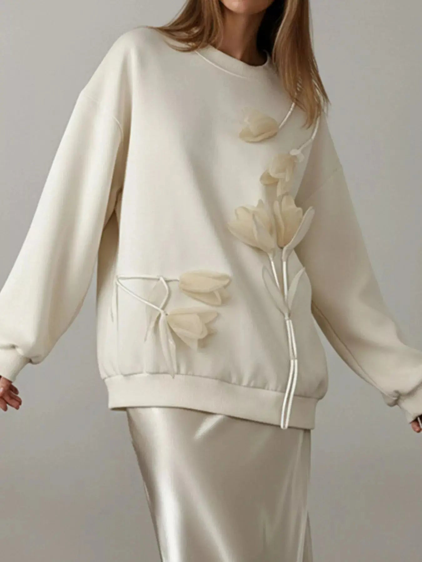 Cream Floral Embellished Dropped Shoulder Sweatshirt Simply Love