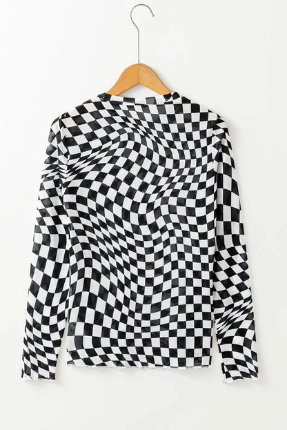 Sheer Checkered Mock Neck Blouse with Long Sleeves