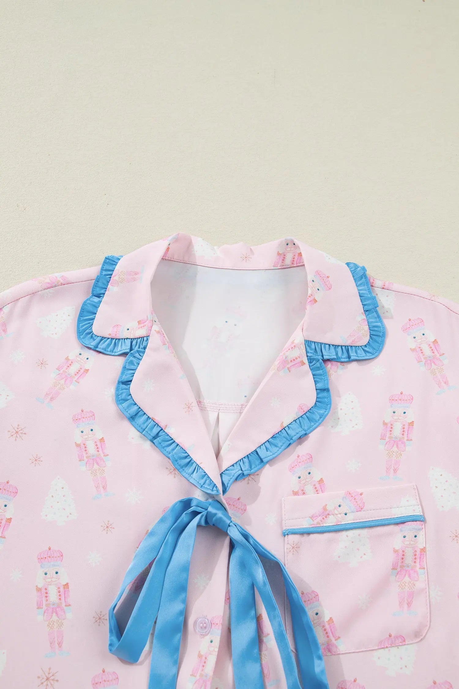 Pink Bow Tie Front Christmas Nutcracker Pajama Set With Long Sleeve Top Dear-Lover Dropshipping