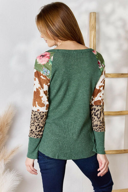 Hailey & Co Full Size Waffle-Knit Leopard Blouse.