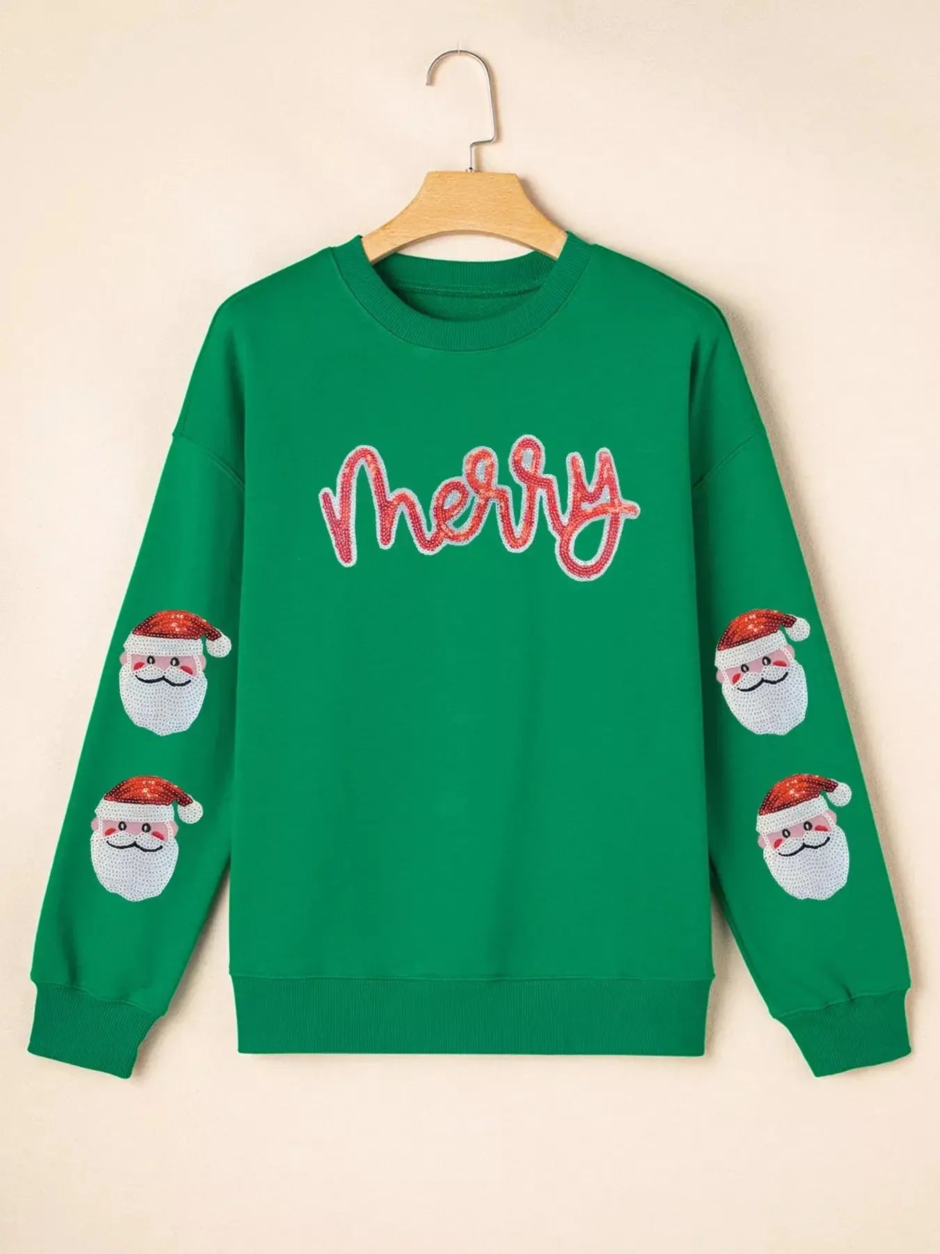 Sequin Merry Christmas Graphic Sweatshirt With Father Christmas Patch Sleeves Simply Love