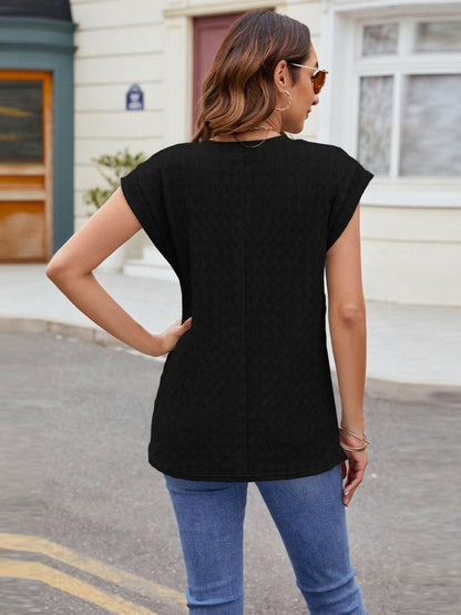 Textured Round Neck Cap Sleeve T-Shirt.