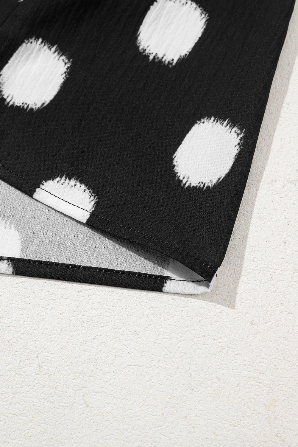 Black Polka Dot Print Smocked Notched Neck Balloon Sleeve Blouse Divine Design4U