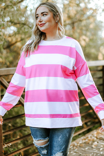 Chic pink striped plus size sweatshirt with stylish side slits