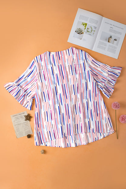 Chic ruffled short sleeve blouse with white stripes in plus sizes