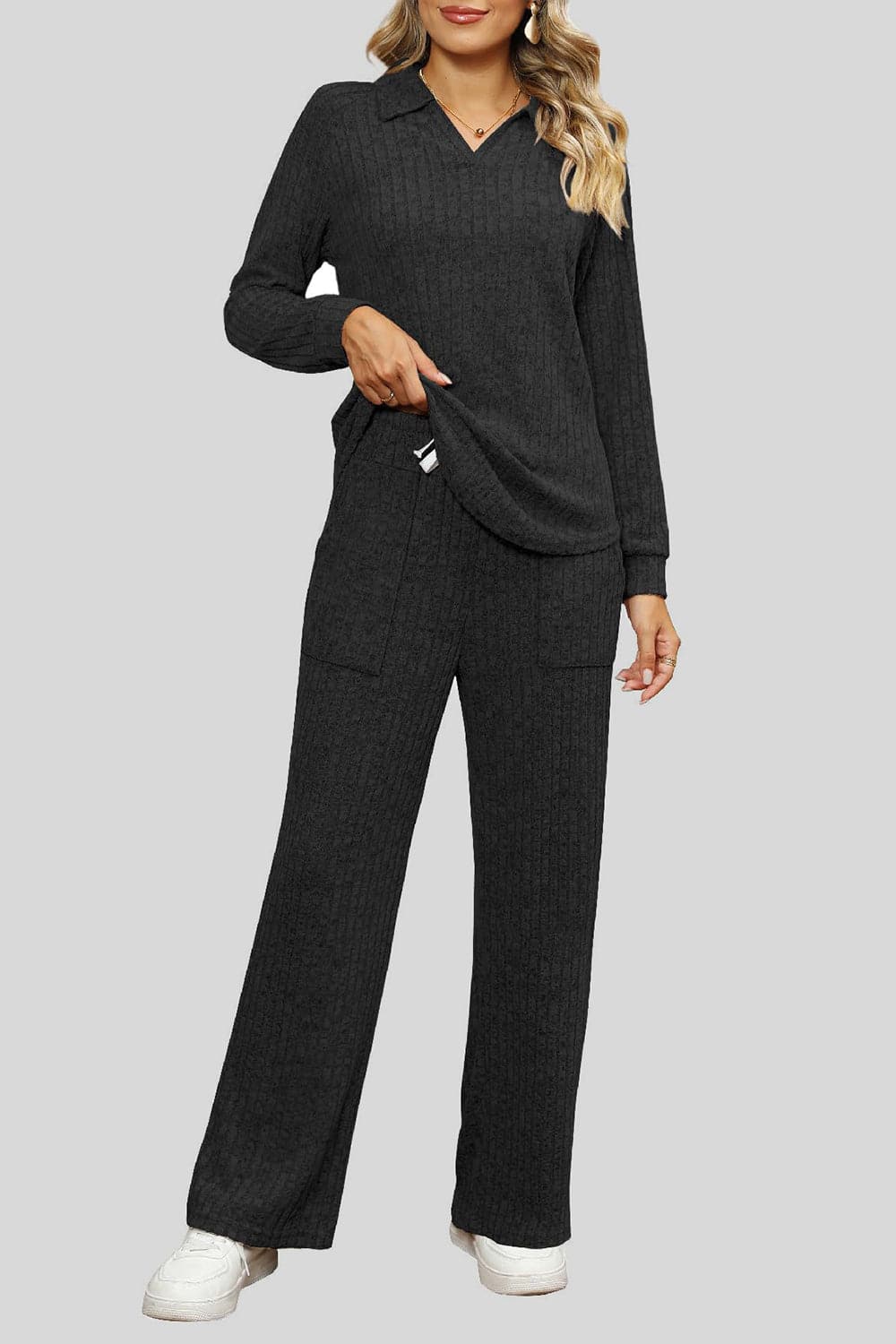 Ribbed Long Sleeve Top and Pocketed Pants Set.