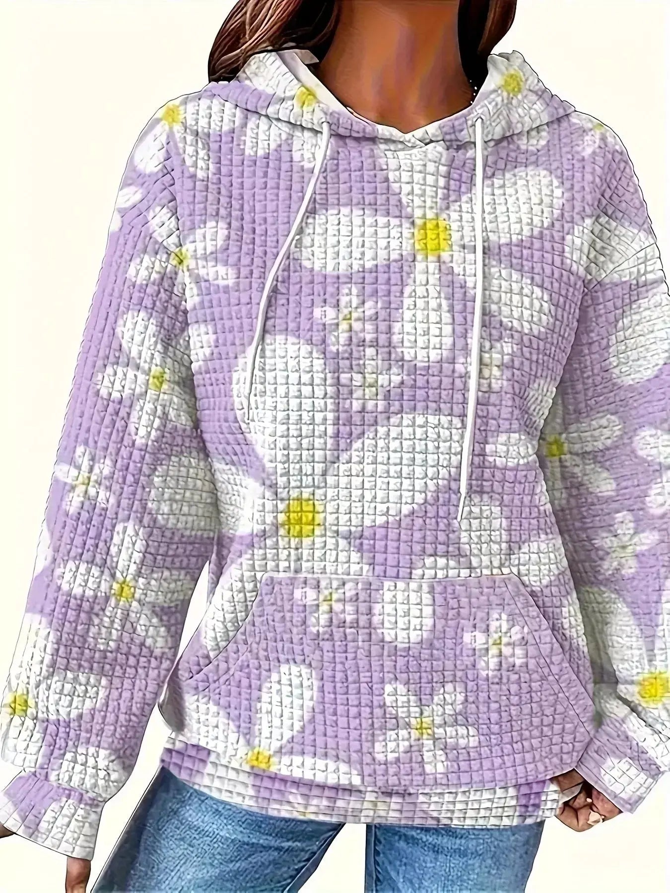 Floral Print Textured Drawstring Hoodie Simply Love