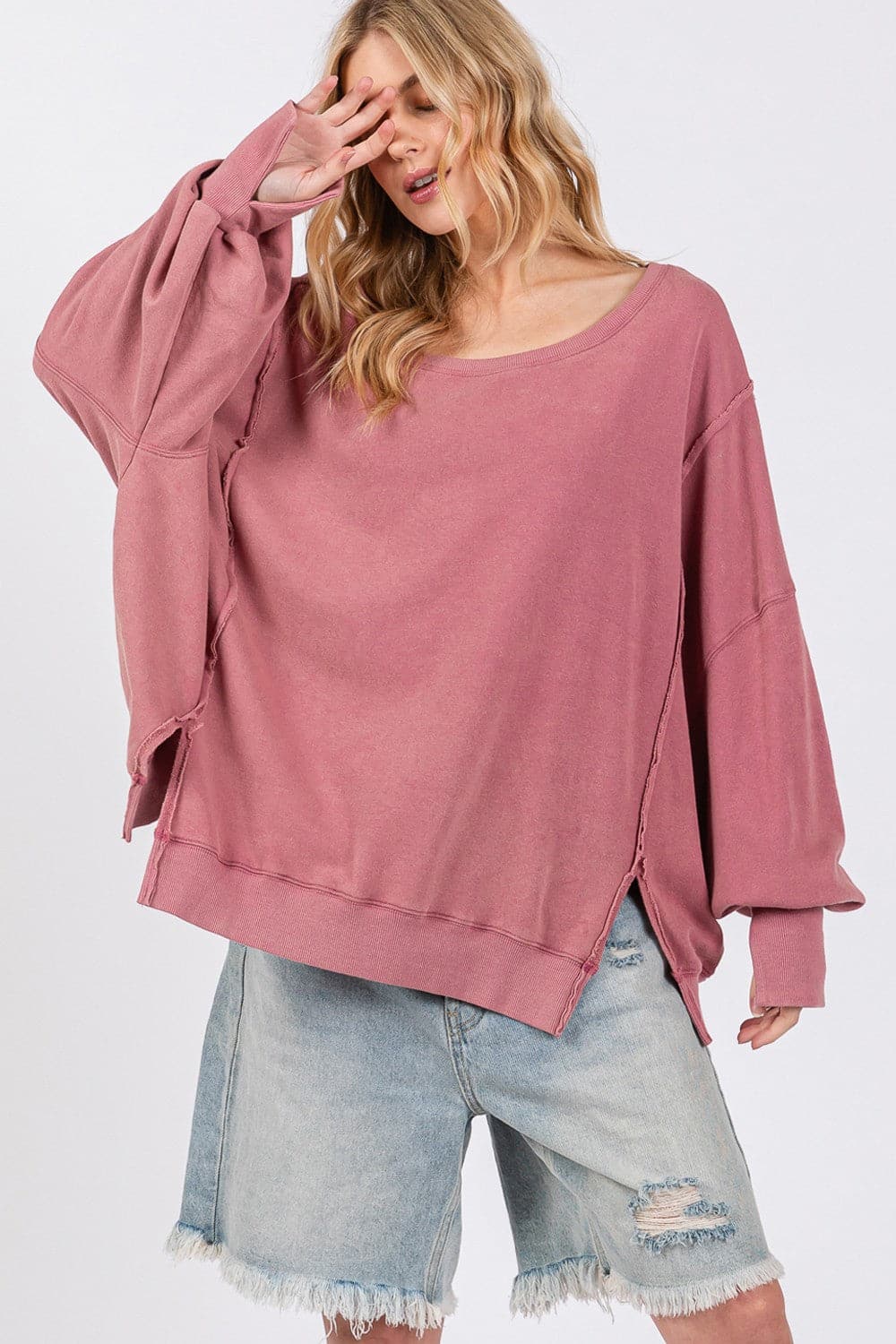 SAGE + FIG Mineral Wash Side Slit Oversized Sweatshirt.