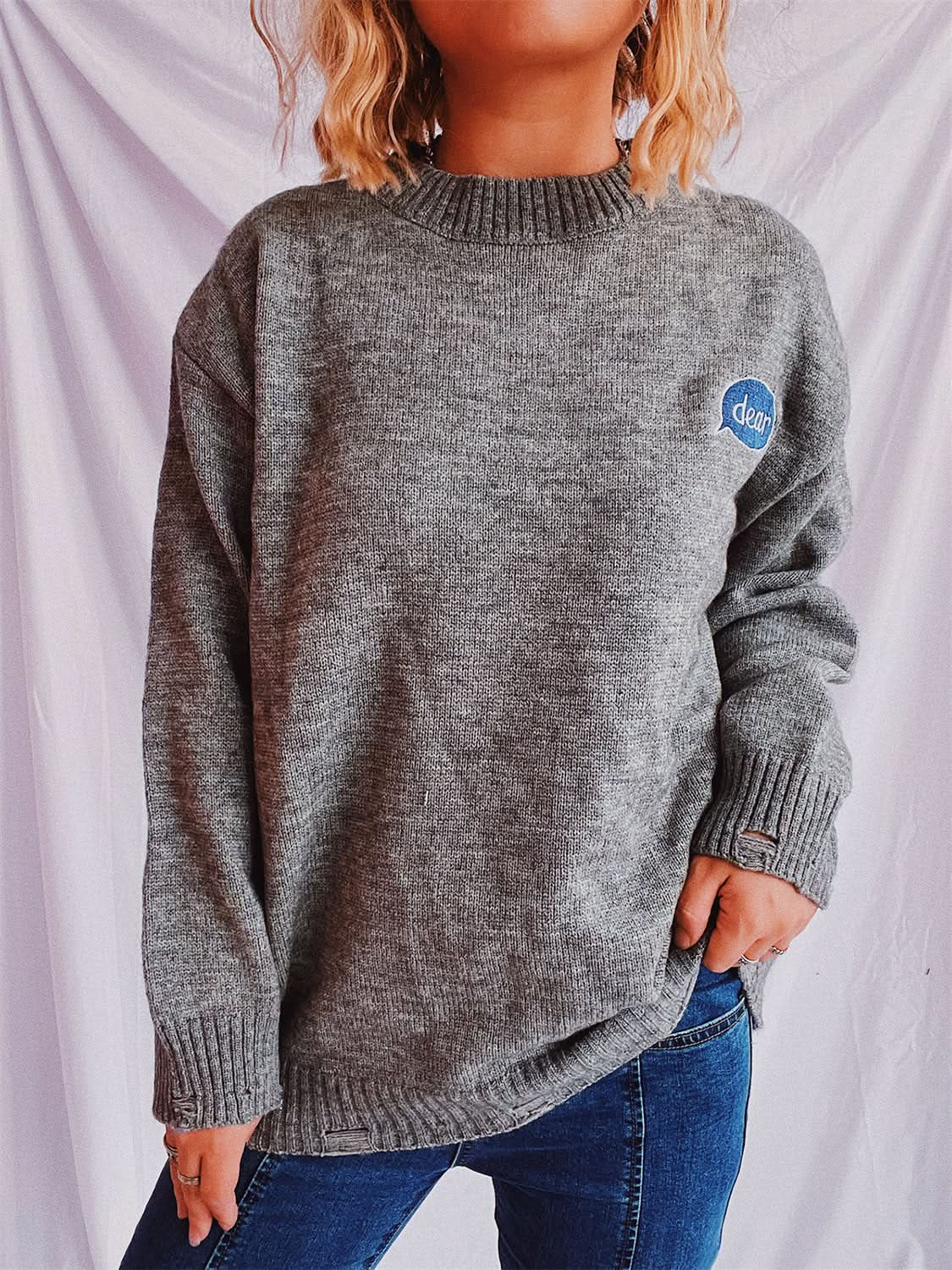 Embroidered oversized sweater with dropped shoulders