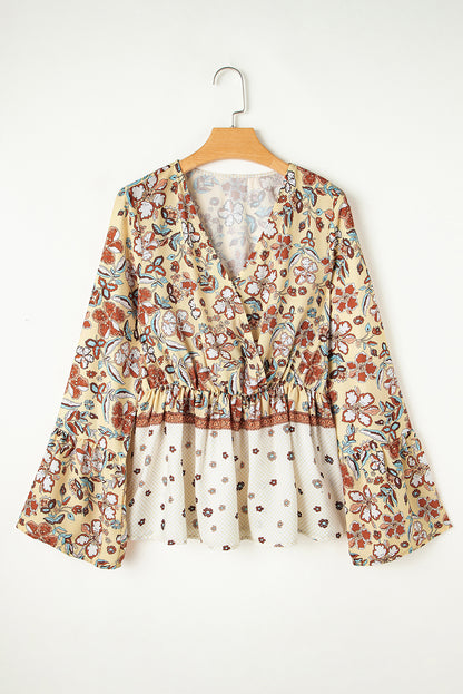 Yellow Printed Floral Bell Sleeve V Neck Wrapped Blouse