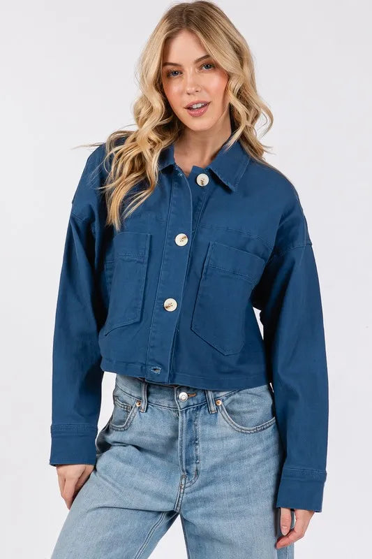 Bytos Button Down Cropped Denim Jacket With Patch Pockets - Love Salve 